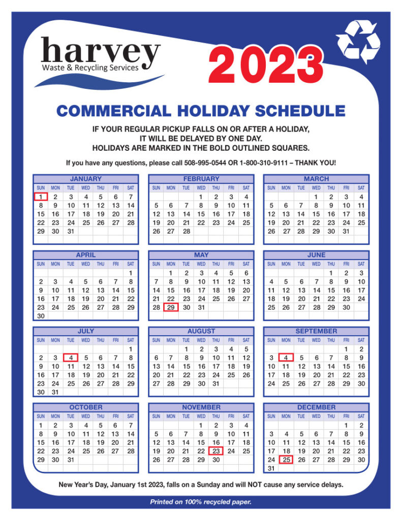 Calendar Harvey Waste & Recycling