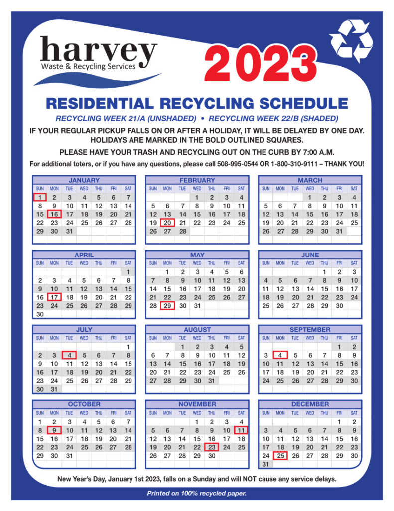 Calendar Harvey Waste & Recycling