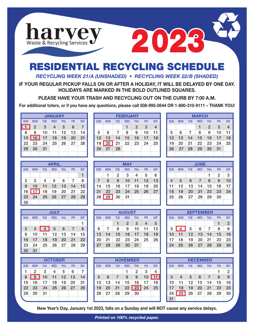 Calendar Harvey Waste & Recycling